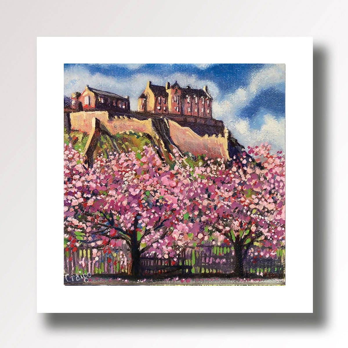 Edinburgh Castle, Cherry Bloossom, Giclee fine art print from an original oil painting by Edinburgh artist Craigo