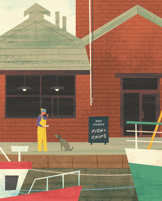 Wee Hurrie Art Print. Illustration of famous Fish and Chip shop in Troon Harbour, Scotland.