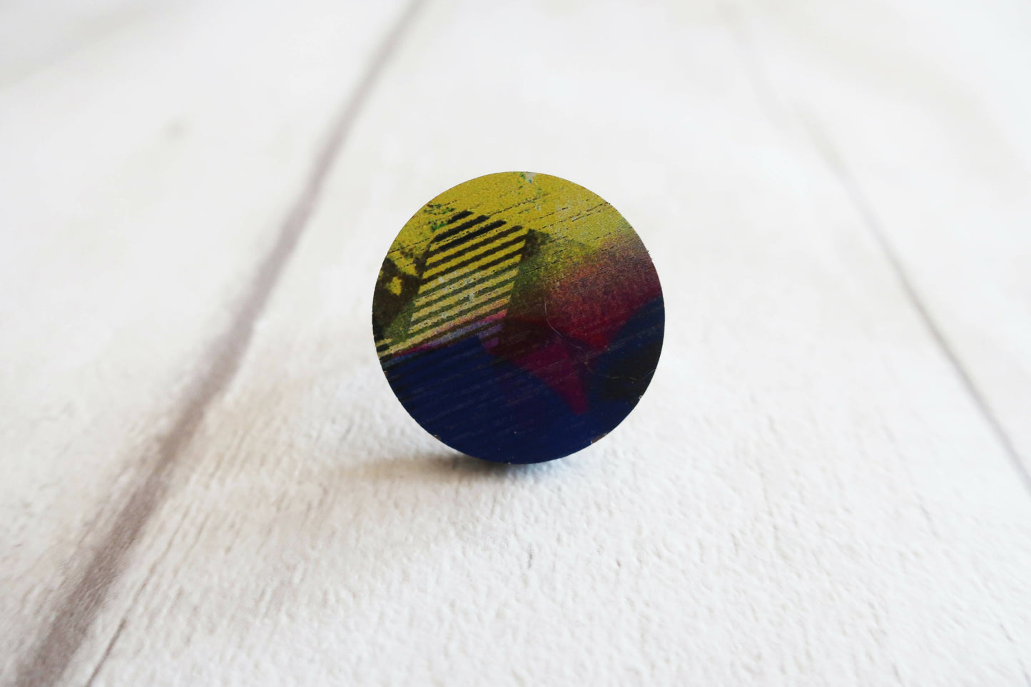 Purple and yellow abstract wooden ring, adjustable