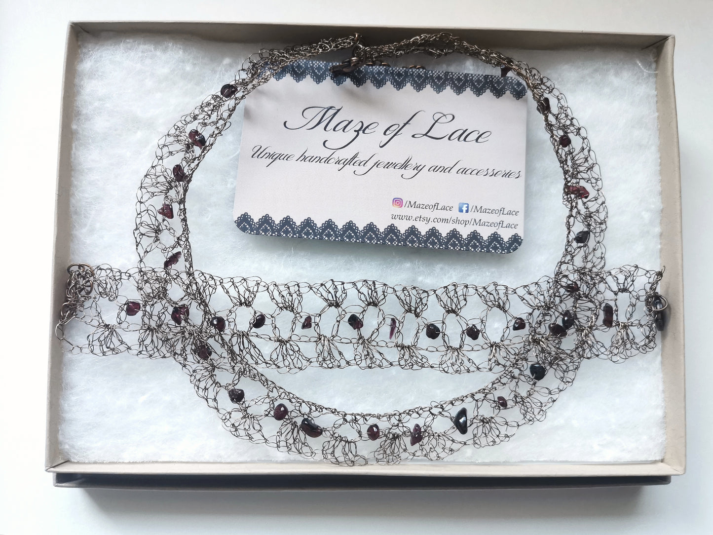 Crochet Copper Wire Choker and Bracelet Set in Gunmetal colour with Garnet Beads