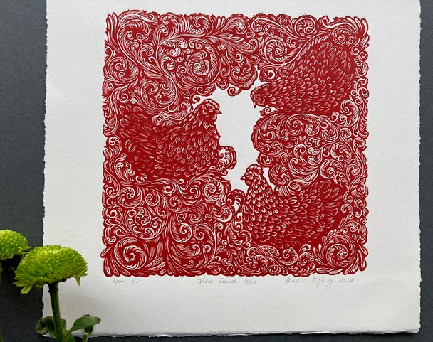 Three French Hens, Original Linocut