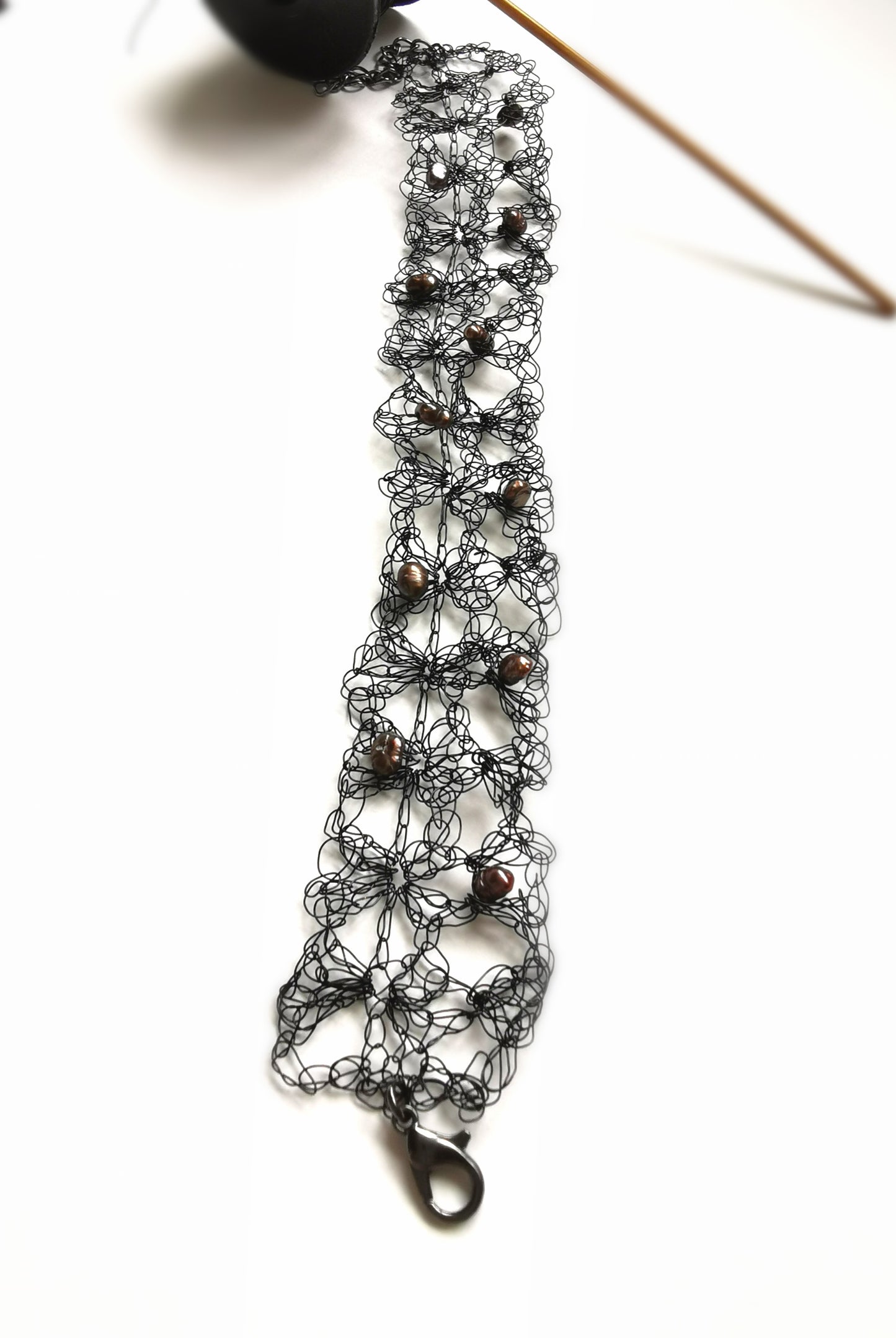 Black Crochet Copper Wire Bracelet with Freshwater Pearls