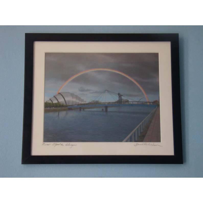 River Clyde and rainbow, Glasgow. Art Print.