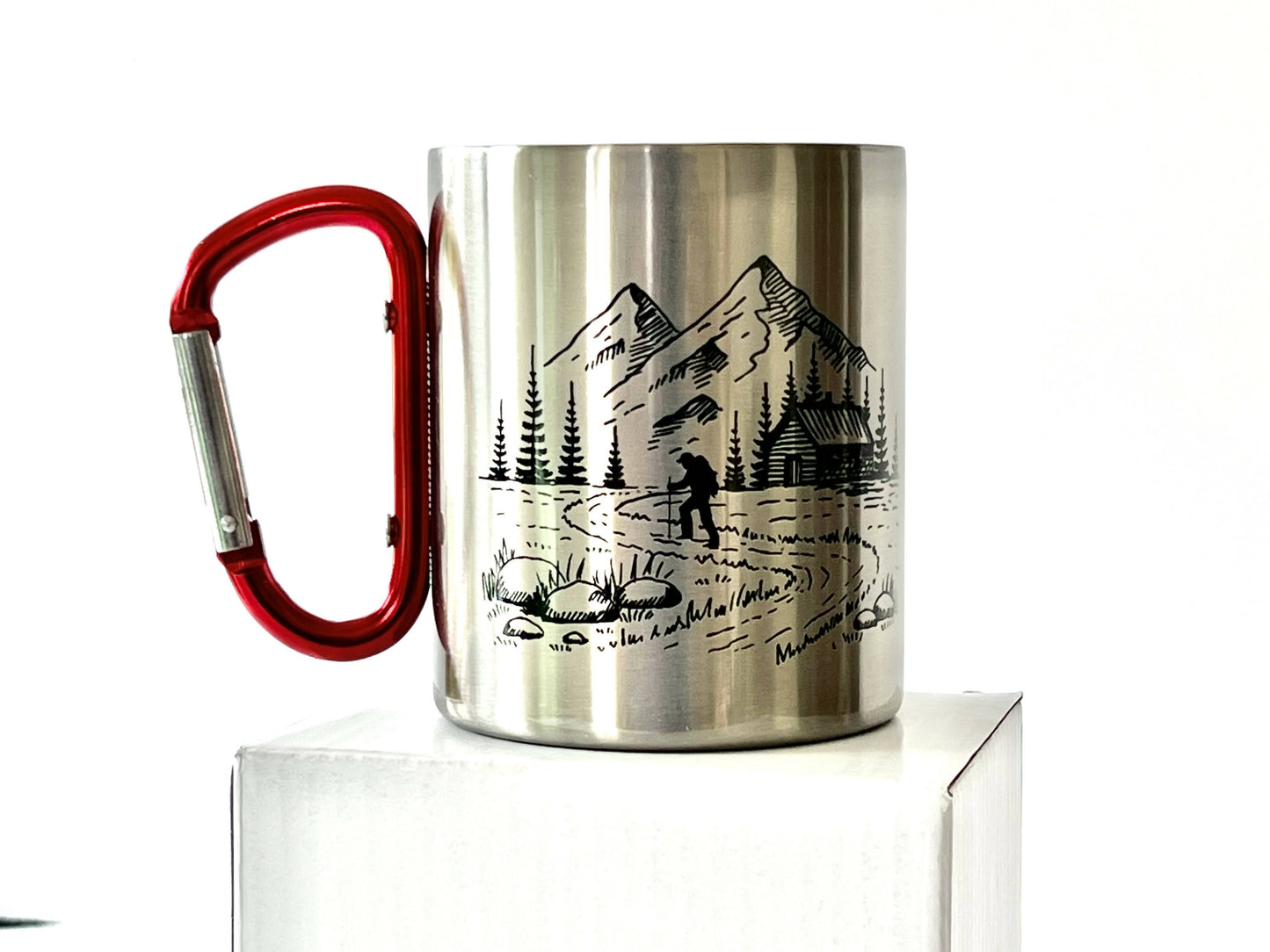 Stainless steel mug with red carabiner clip