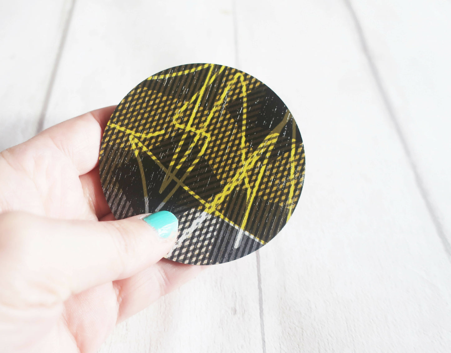 Large statement graphic brooch, yellow and black printed pin