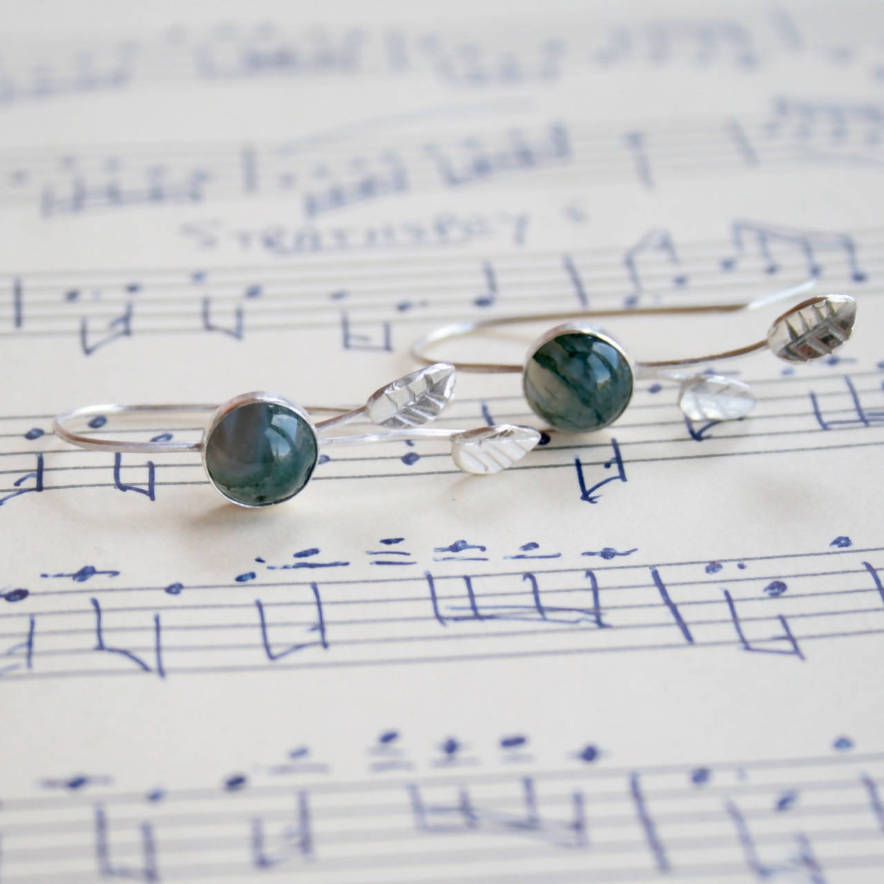 Moss agate and silver leaf earrings