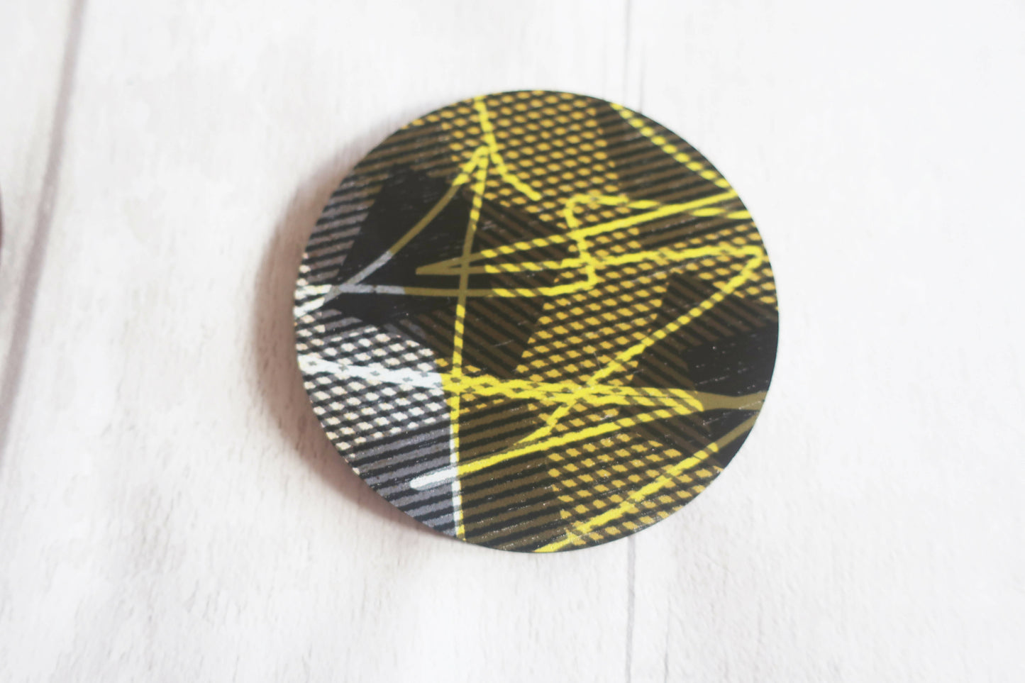 Large statement graphic brooch, yellow and black printed pin