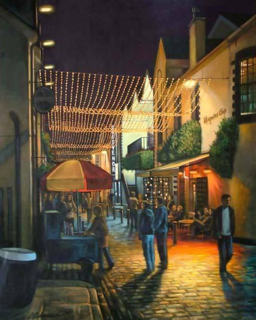 Ashton Lane at night, Glasgow. Art Print.