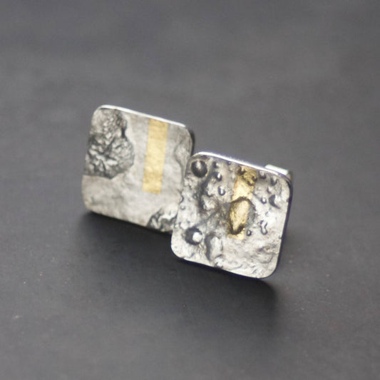 LINEAR Oxidised Silver & Gold Keum Boo Square Stud Earrings