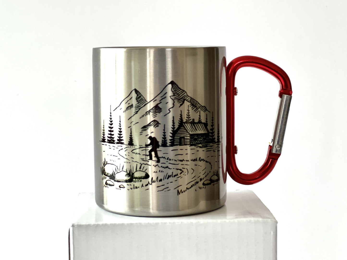 Stainless steel mug with red carabiner clip