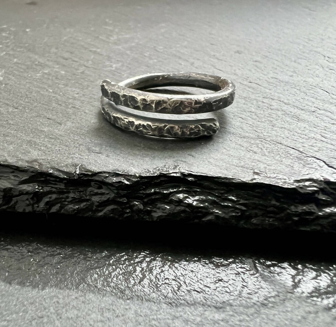 Hammered sterling silver men’s band.