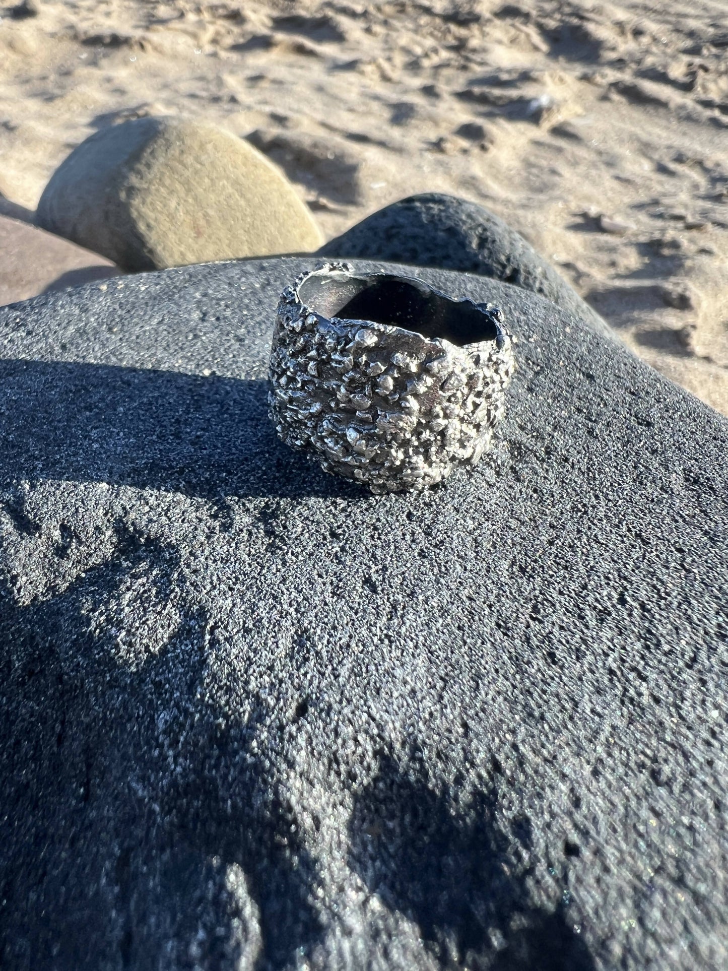 Wide band silver brutalist men’s ring.