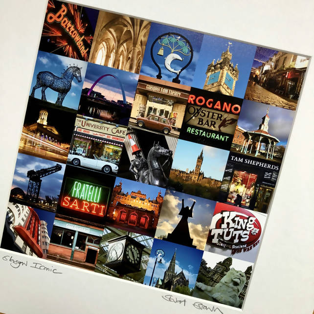 Glasgow Iconic signed square mounted print 30 x 30cm