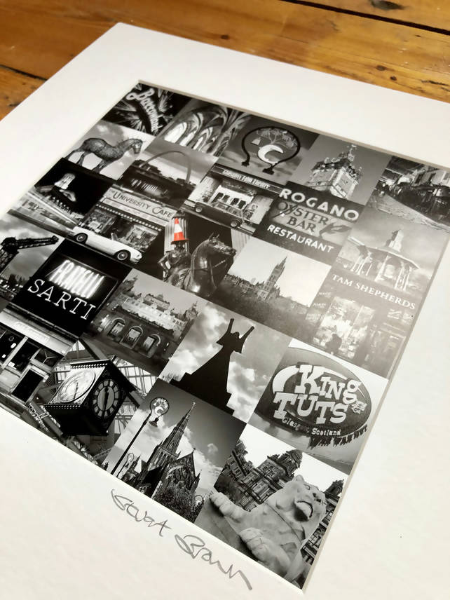 Glasgow Iconic signed square mounted print 30 x 30cm (black and white version)