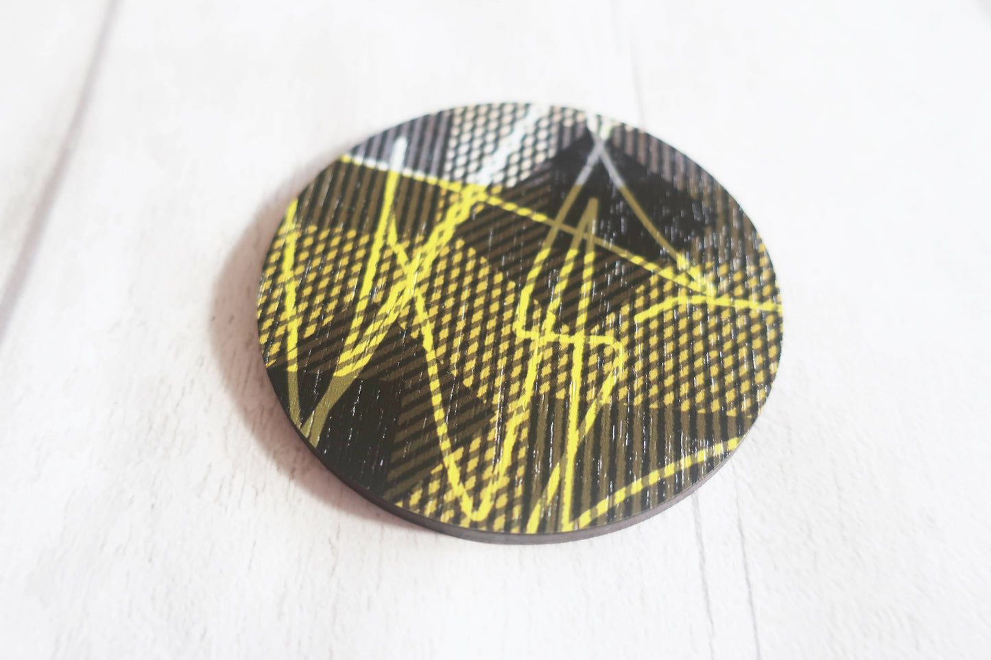 Large statement graphic brooch, yellow and black printed pin