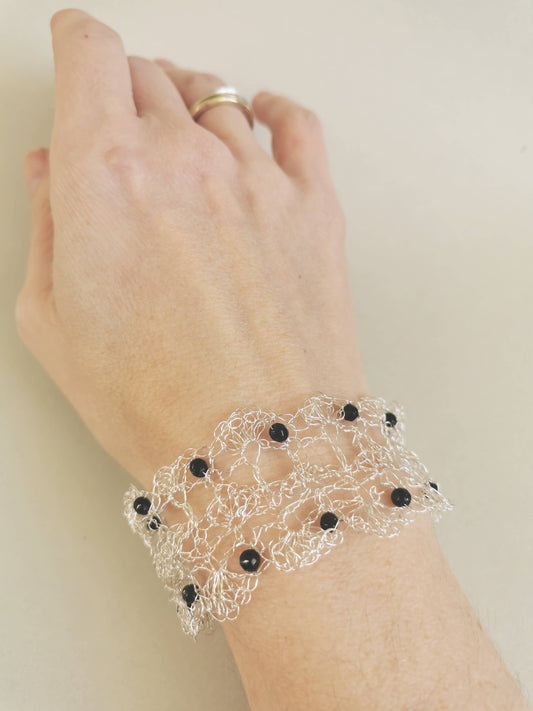 Sterling Silver wire bracelet with Blue Goldstone beads