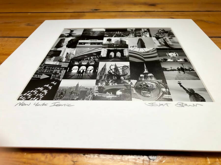 ‘New York iconic’ collage, signed square mounted print 30 x 30cm