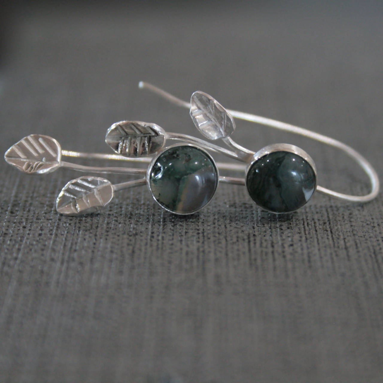 Moss agate and silver leaf earrings