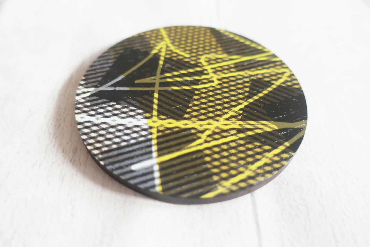 Large statement graphic brooch, yellow and black printed pin