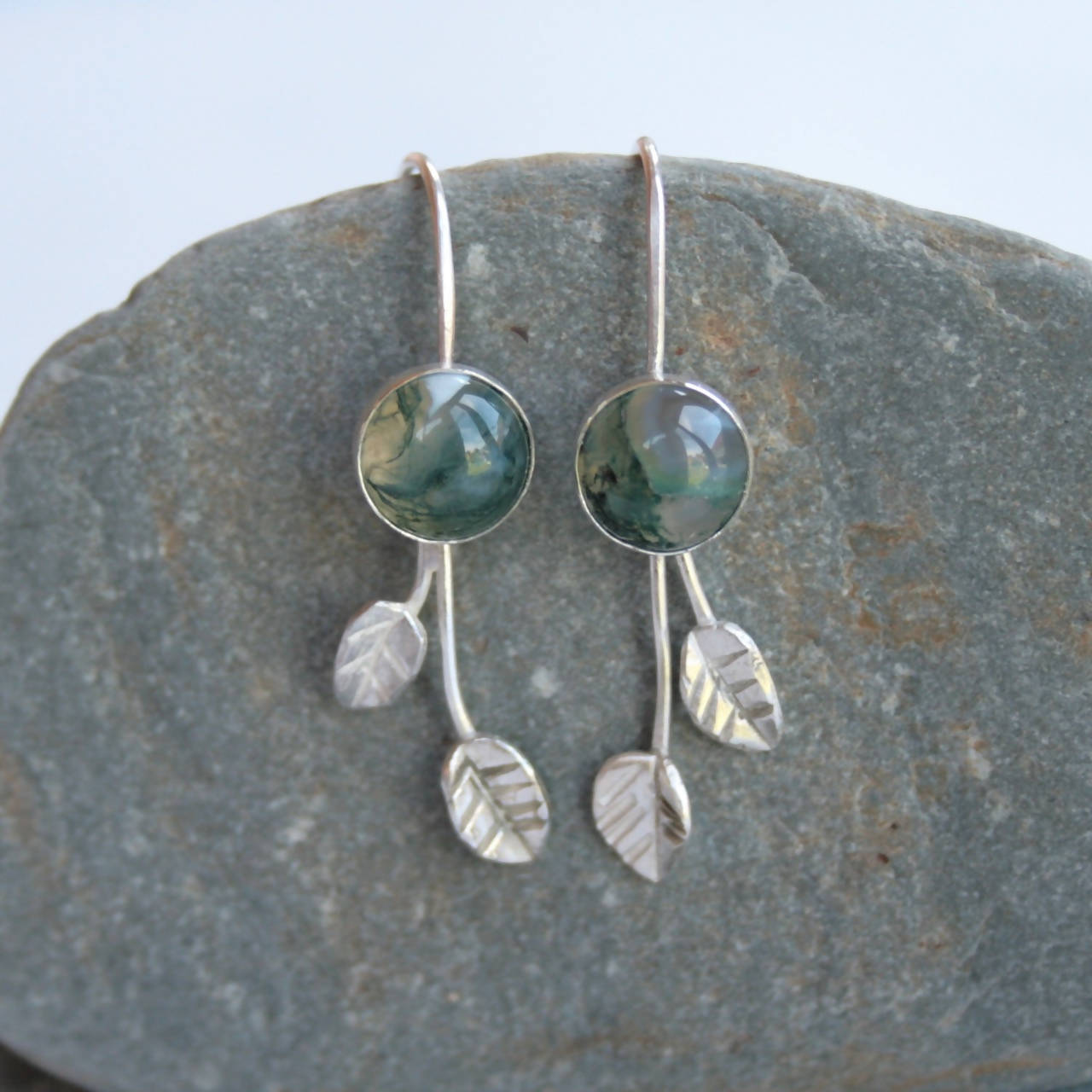 Moss agate and silver leaf earrings