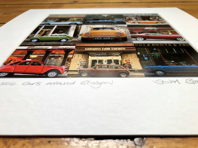 ‘Classic Cars around Glasgow’ signed square mounted print 30 x 30cm