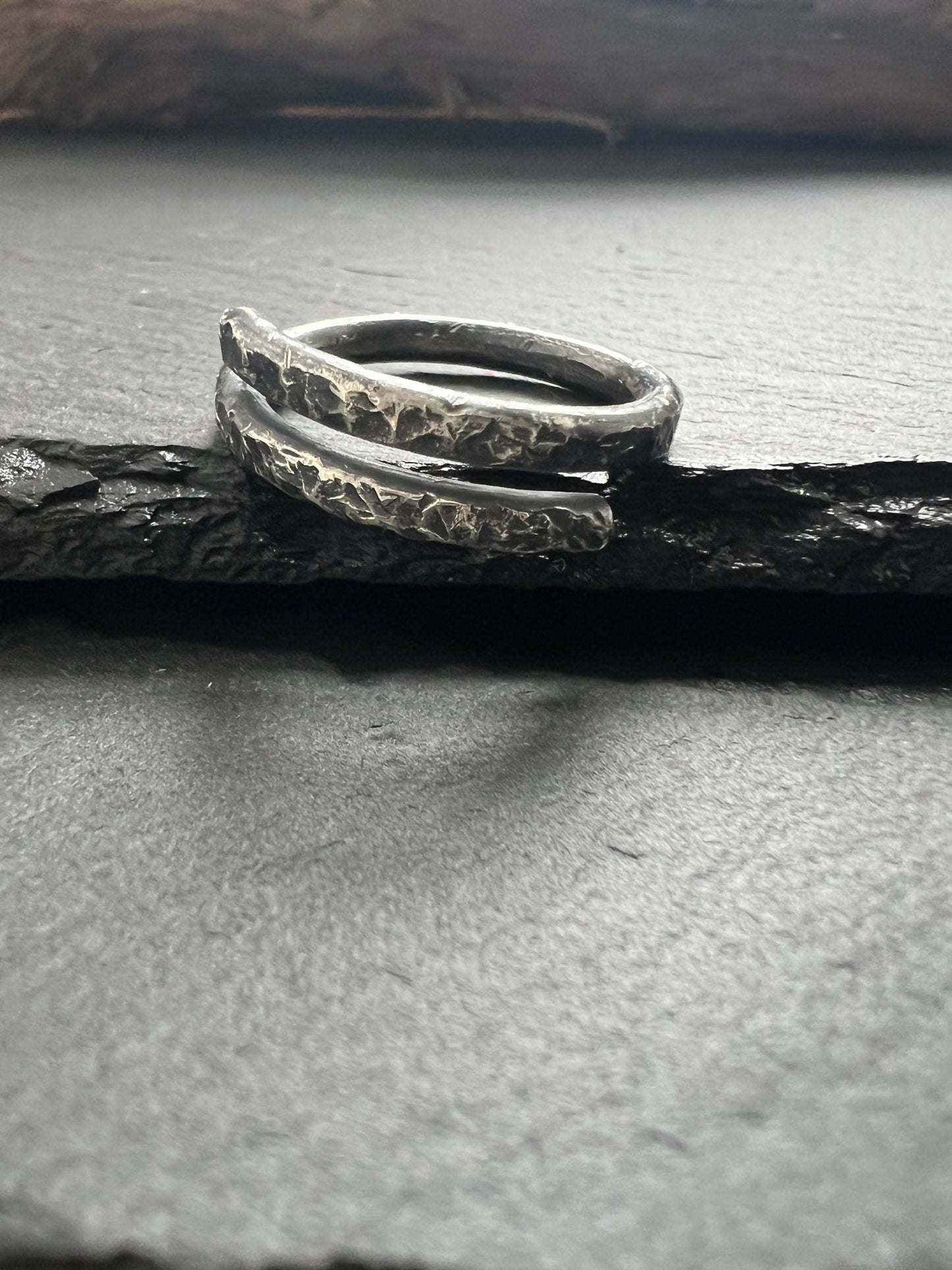 Hammered sterling silver men’s band.