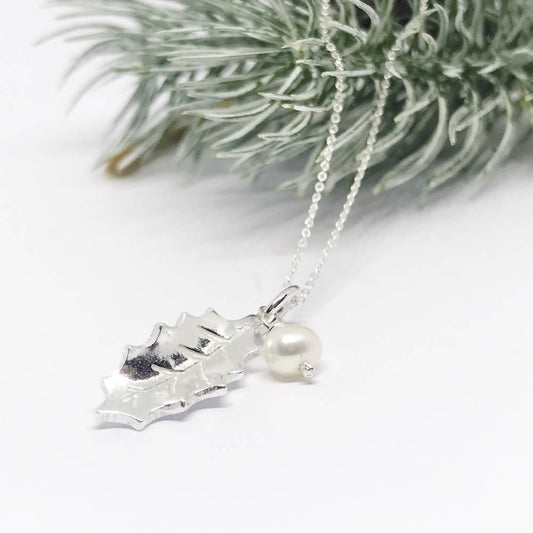 Silver Holly Leaf and Freshwater Pearl Berry Necklace