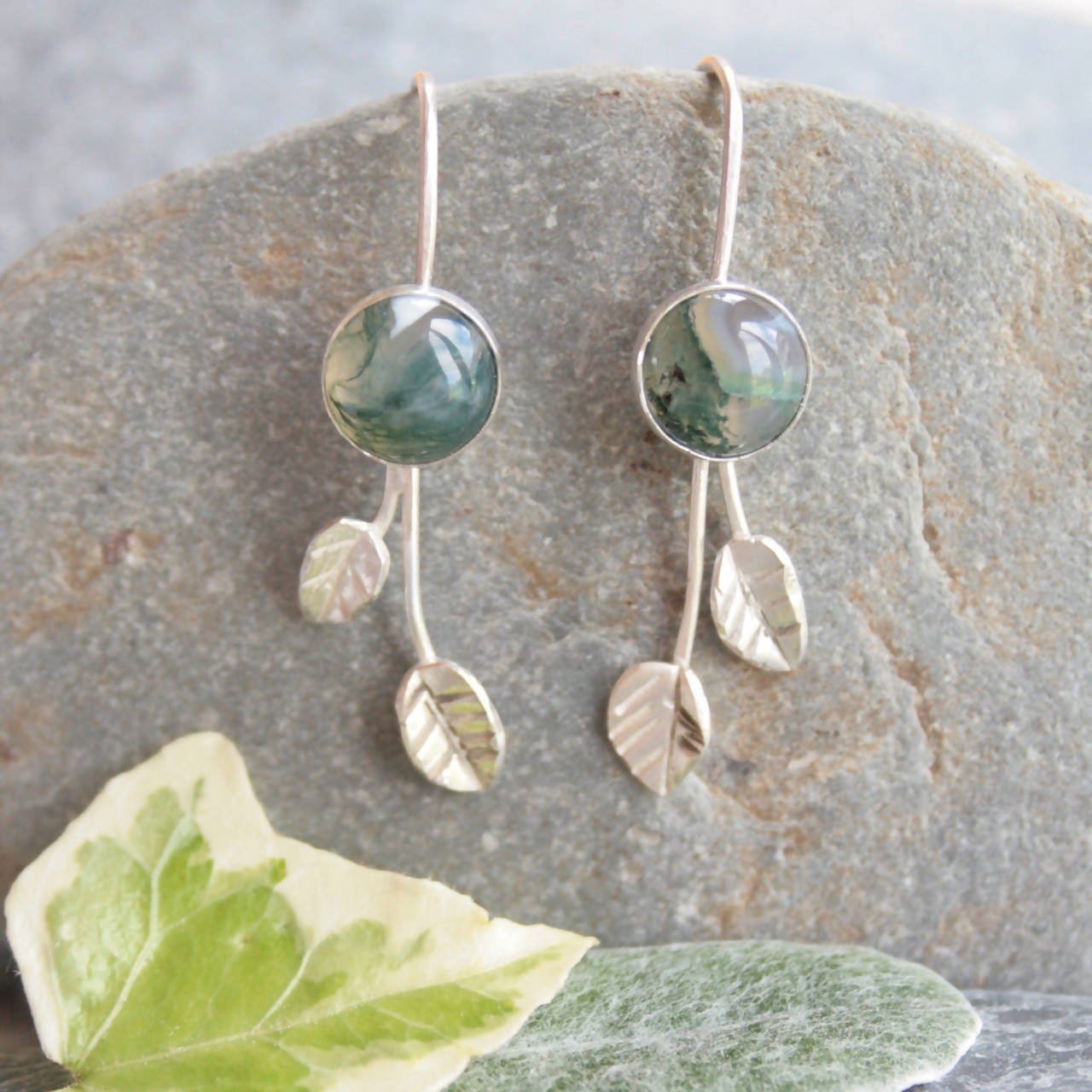 Moss agate and silver leaf earrings