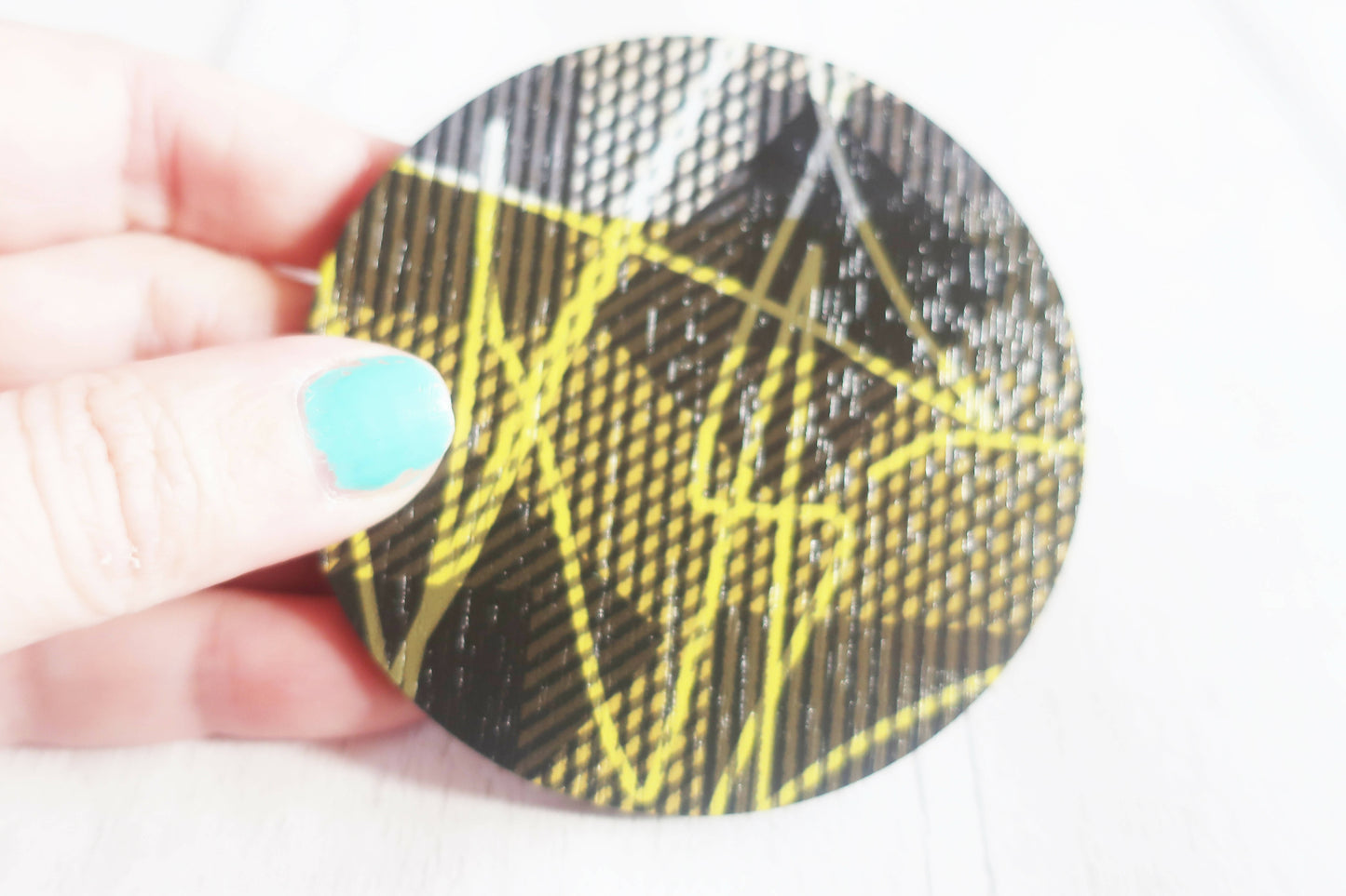 Large statement graphic brooch, yellow and black printed pin