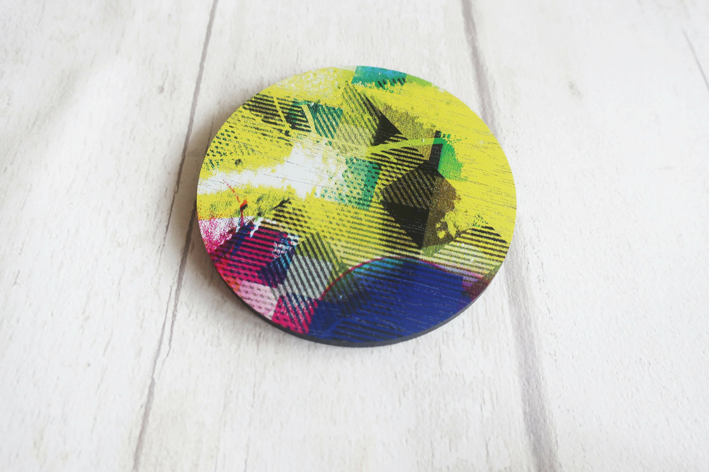 Large statement yellow brooch, round graphic pin brooch