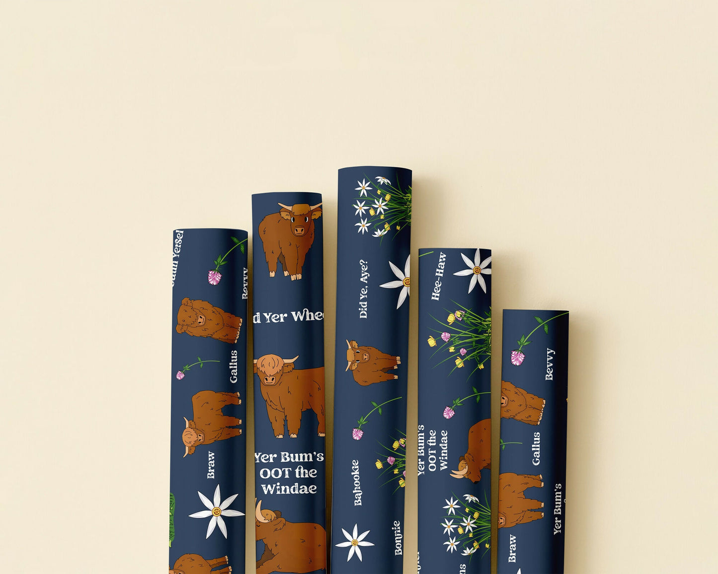 Scottish Highland Coo Gift Wrapping Paper | Set of 3 Sheets | Scottish Slang Design