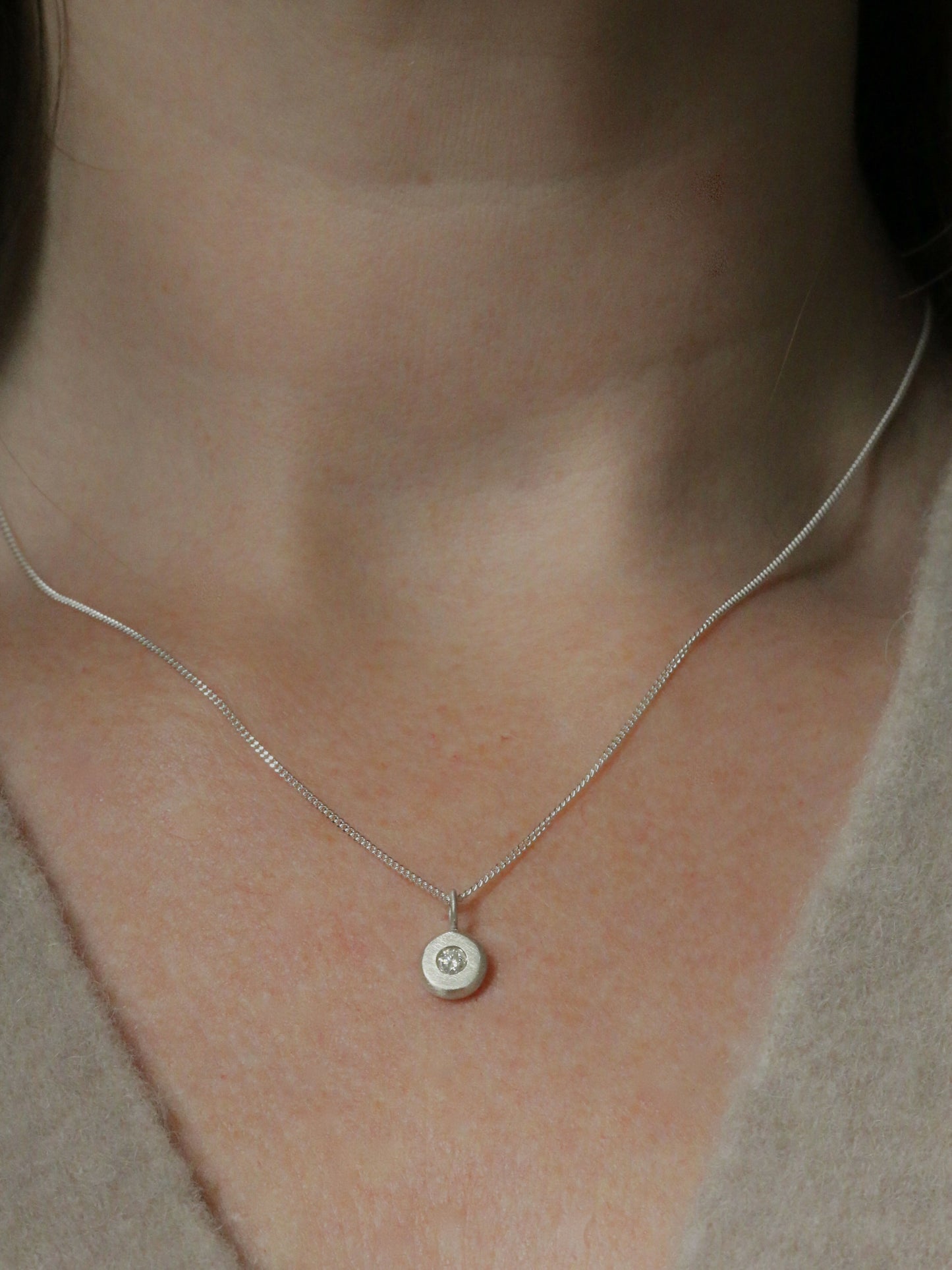 Lab Diamond Solid Sterling Silver Pebble Pendant Necklace