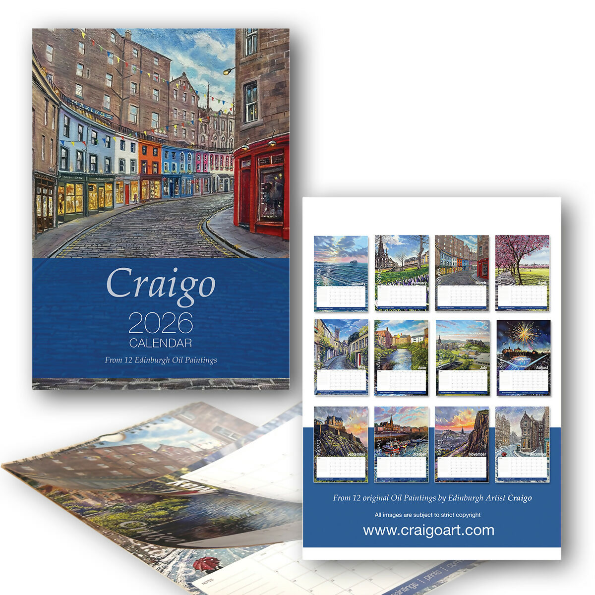 A4 2026 Wall Calendar featuring 12 oil paintings of Edinburgh by 'Craigo'