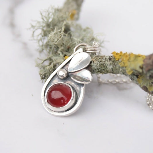 Sterling silver botanical necklace with carnelian gemstone