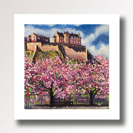 Edinburgh Castle, Cherry Bloossom, Giclee fine art print from an original oil painting by Edinburgh artist Craigo