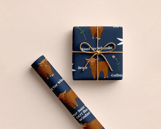 Scottish Highland Coo Gift Wrapping Paper | Set of 3 Sheets | Scottish Slang Design