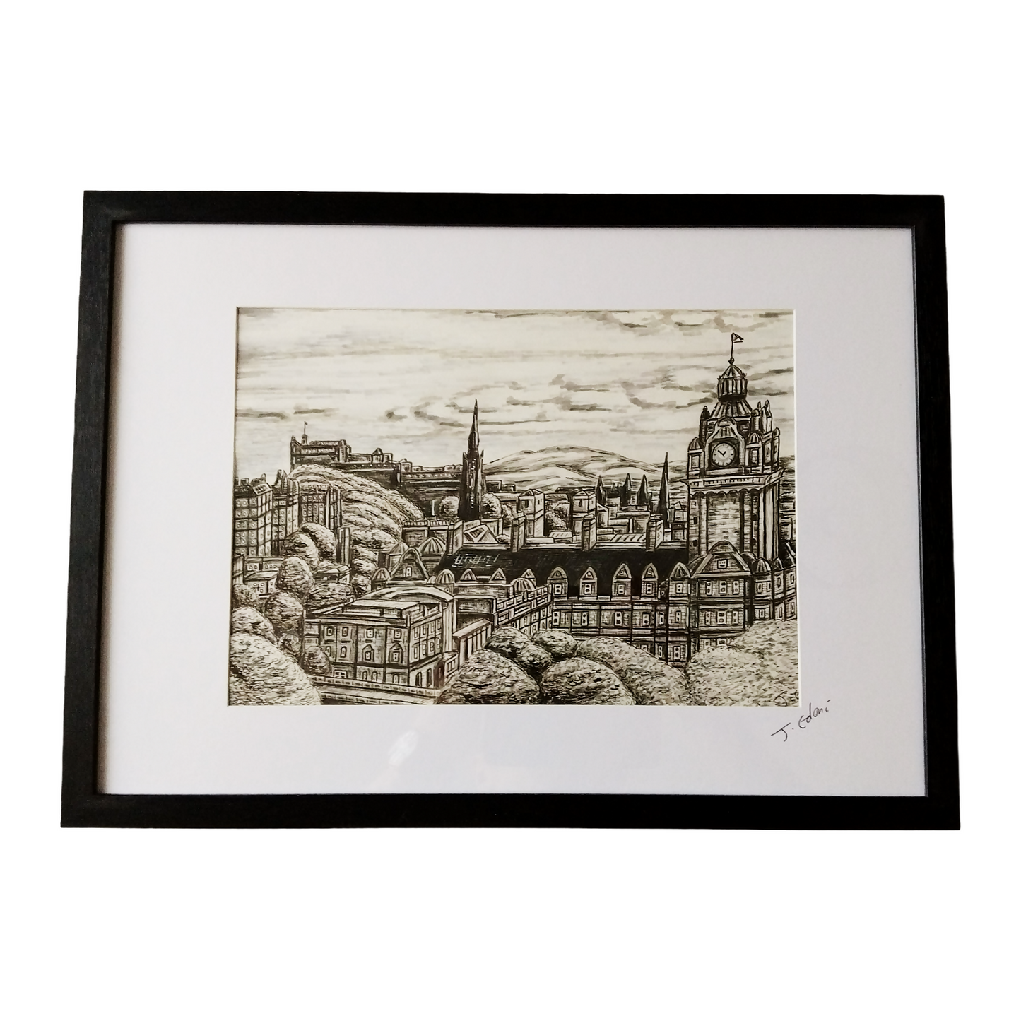Framed Edinburgh Skyline Print- Black and white