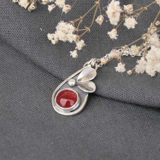Sterling silver botanical necklace with carnelian gemstone