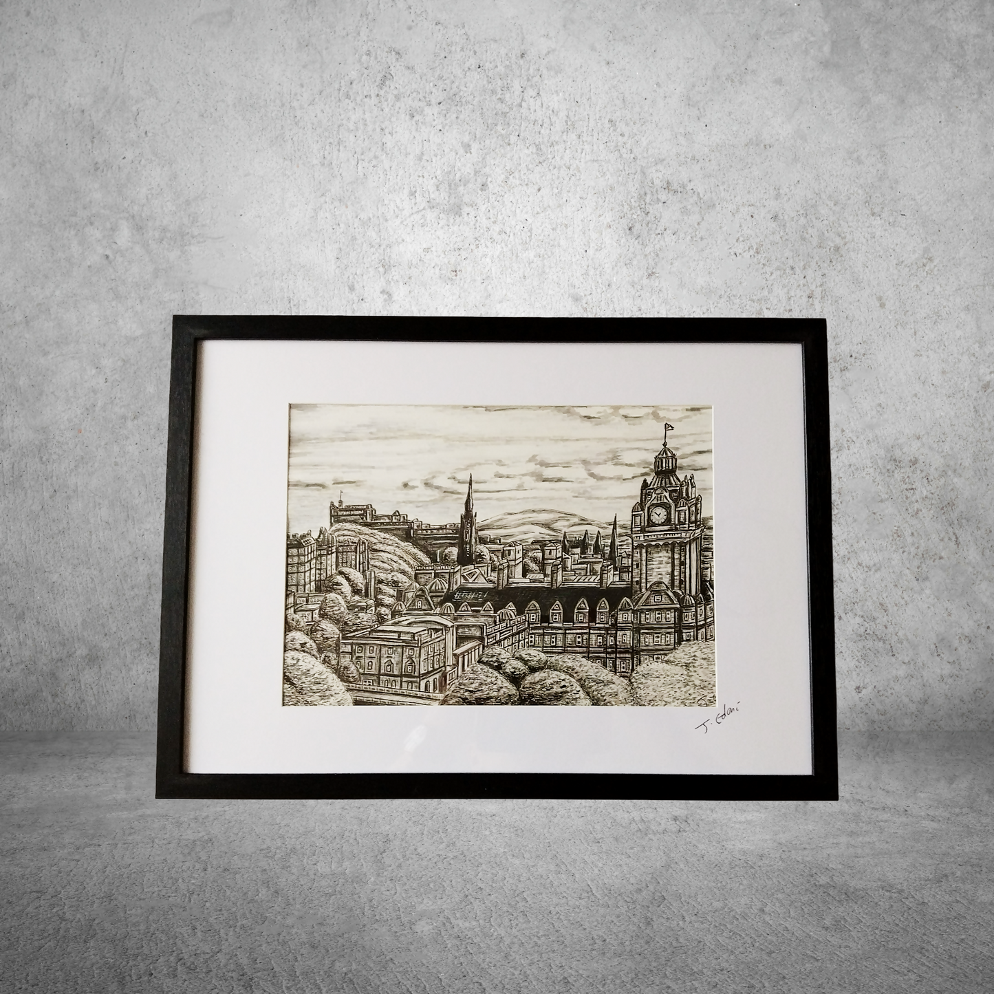 Framed Edinburgh Skyline Print- Black and white