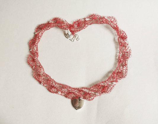 Bright red copper wire necklace with Preciosa crystals and a heart pendant