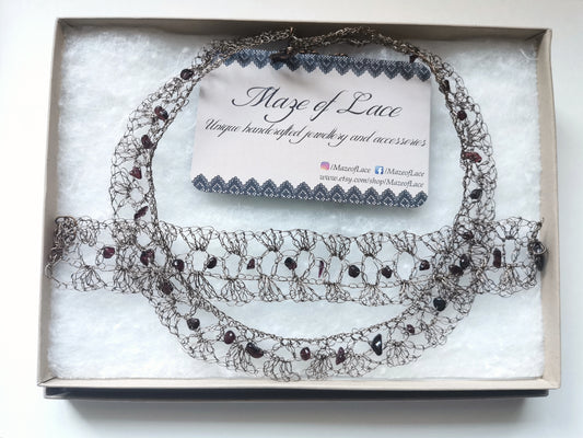 Crochet Copper Wire Choker and Bracelet Set in Gunmetal colour with Garnet Beads