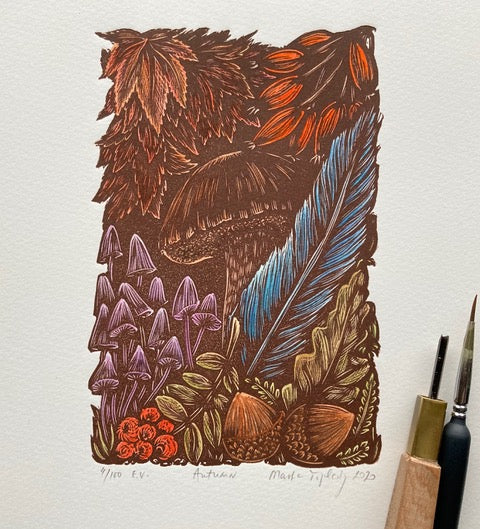 Vernal Fall Linocut Autumn, Original Linocut – Scottish Design Exchange