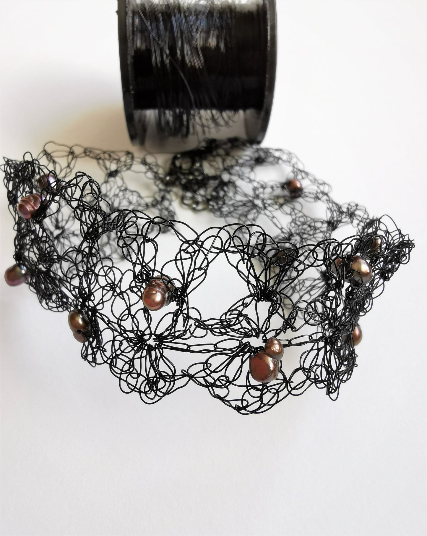 Black Crochet Copper Wire Bracelet with Freshwater Pearls