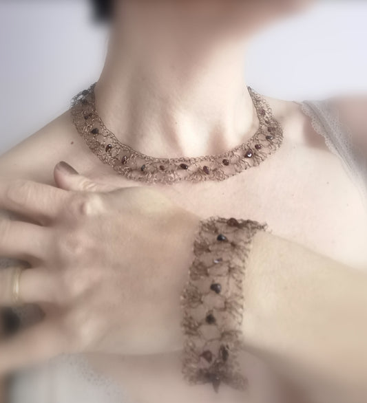 Crochet Copper Wire Choker and Bracelet Set in Gunmetal colour with Garnet Beads