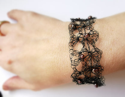 Black Crochet Copper Wire Bracelet with Freshwater Pearls