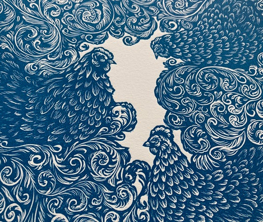 Three French Hens, Original Linocut