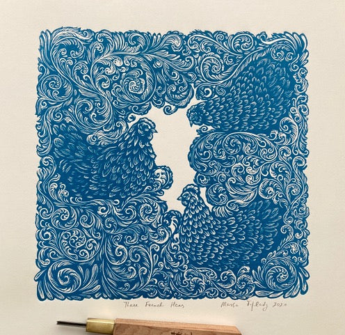 Three French Hens, Original Linocut