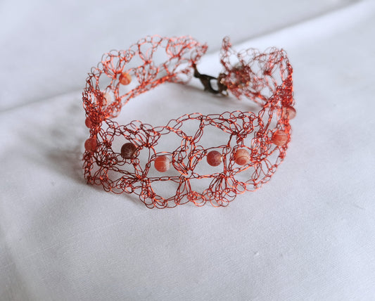 Bright Red copper wire bracelet with Agate beads