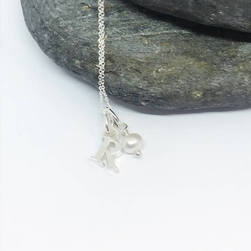 Silver Initial Necklace with Freshwater Pearl