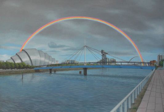 River Clyde and rainbow, Glasgow. Art Print.